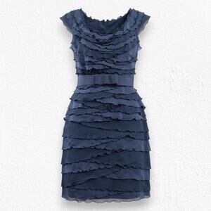 Tadashi Shoji Navy Chiffon Ruffle Tier Cap Sleeve Party Cocktail Dress Size 16